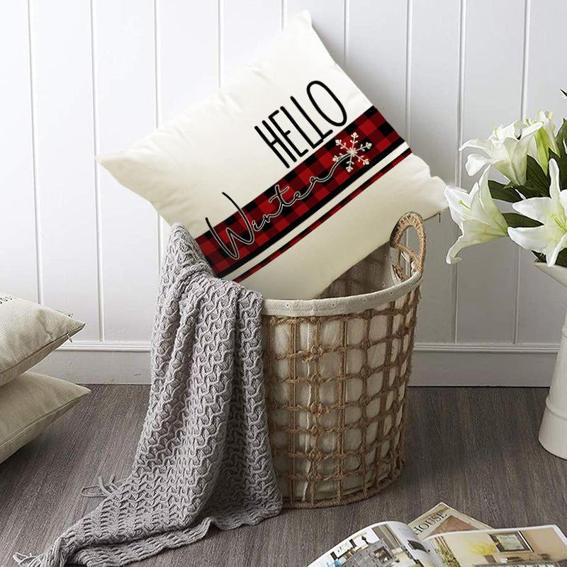 Christmas Pillowcase Linen Red Black Checkered Letter Printed Pillow Cover Holiday Living Room Decoration