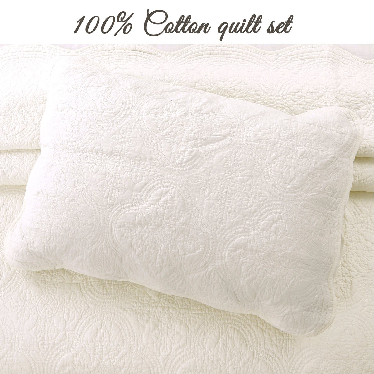 Serenity Ivory Victorian Scalloped Medallion Floral Pure Solid Cotton Reversible Quilt Bedding Set