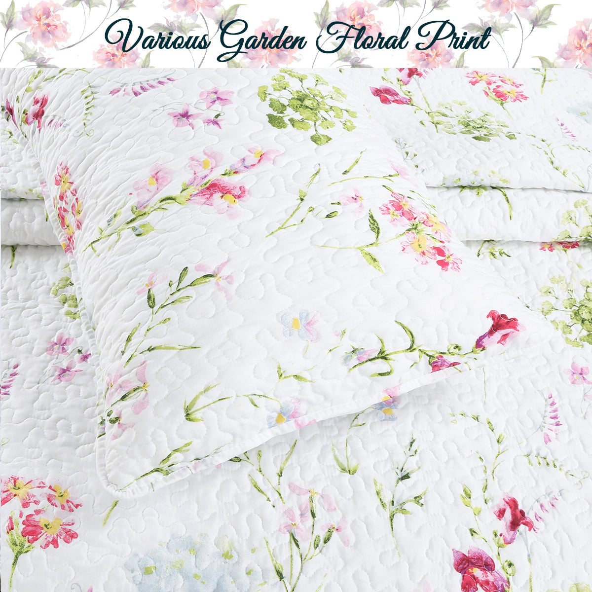 Carlotta Light Pink Blue Floral Print Reversible Quilt Bedding Set