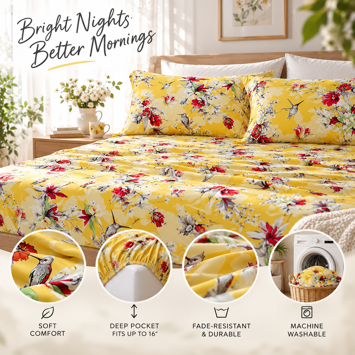 Bedding Sunshine Yellow Hummingbirds Floral Fitted & Flat Bed Sheets Set (JHW-925)