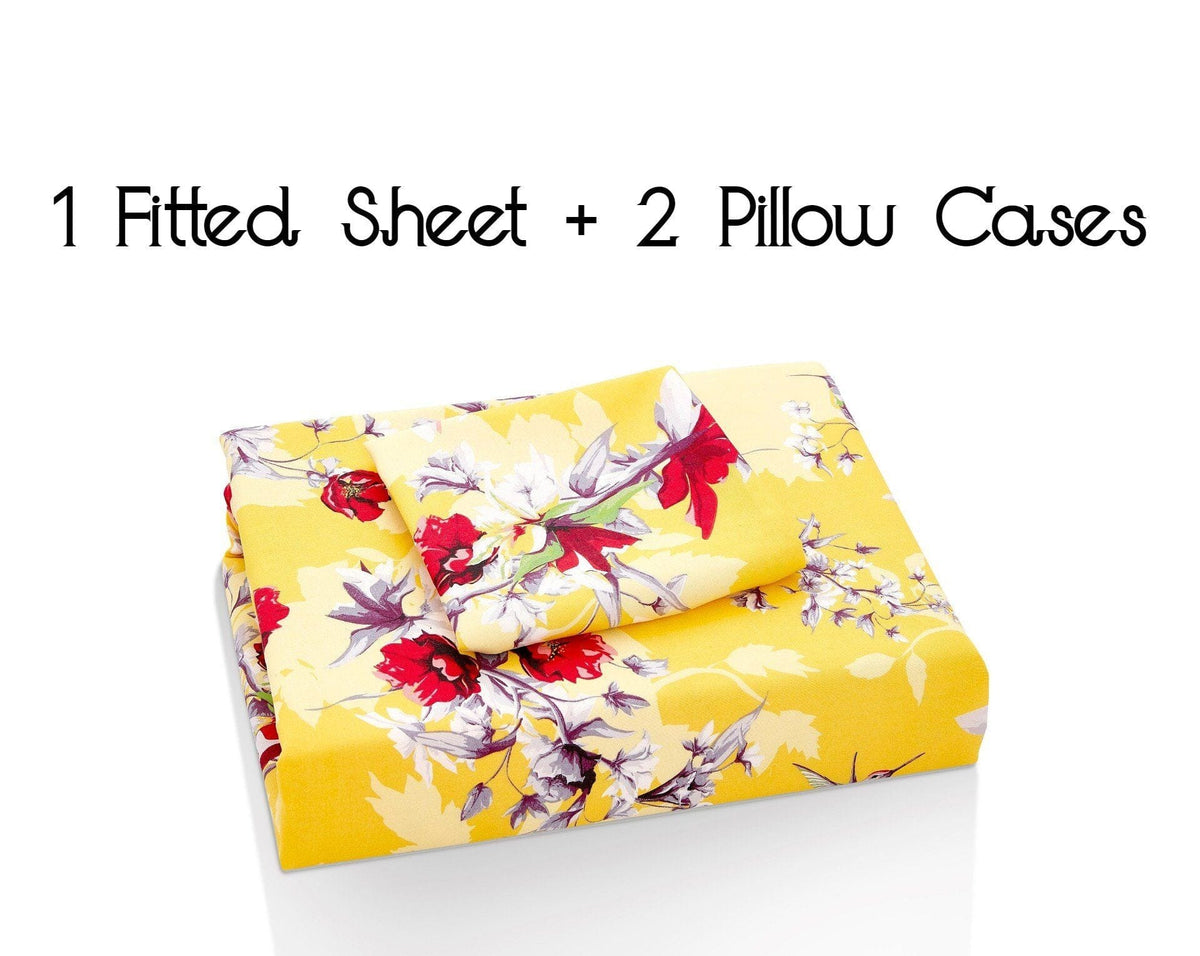 Bedding Sunshine Yellow Hummingbirds Floral Fitted Bed Sheet w/ Pillow Cases (JHW-925)