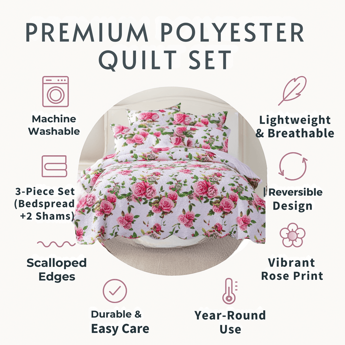 Bedding Pink Romantic Roses Floral Quilt Set