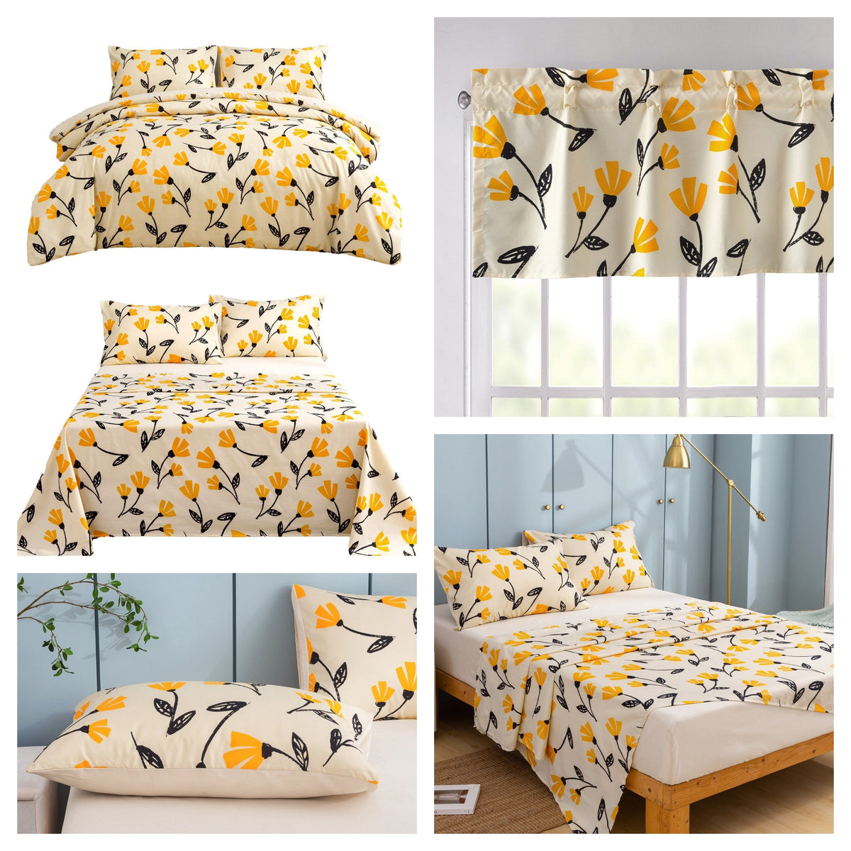 Bedding Yellow Fleur Duvet Cover, Sheets & Valance Set