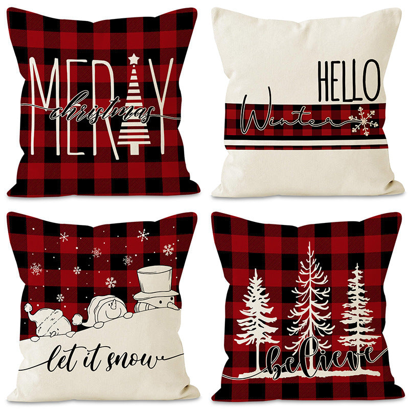 Christmas Pillowcase Linen Red Black Checkered Letter Printed Pillow Cover Holiday Living Room Decoration