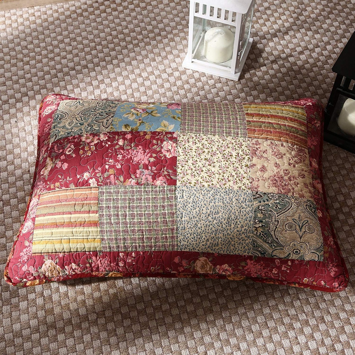 Tache Cotton Patchwork Beige Burgundy Paisley Floral Fairy Tale Tea Party Pillow Sham (DXJ103443)