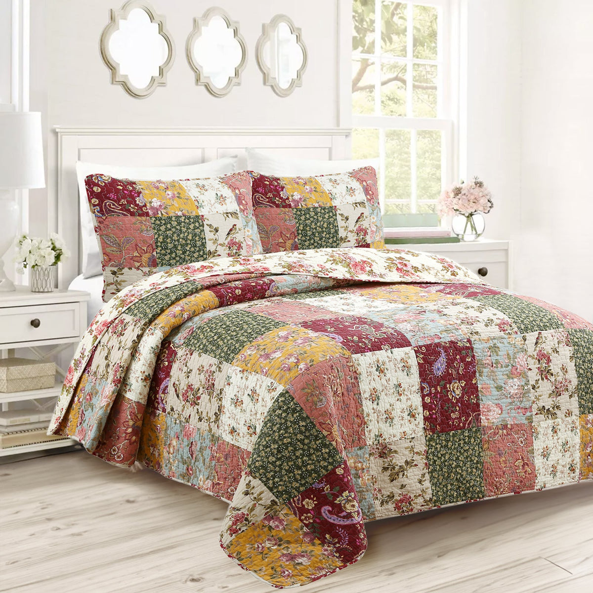 Country Vintage Farmhouse Multicolor Floral Paisley Patchwork Cotton Quilt Bedding Set