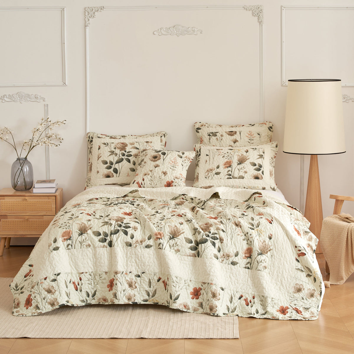 Enchanted Meadow Floral Quilt Set - Beige Rose Green