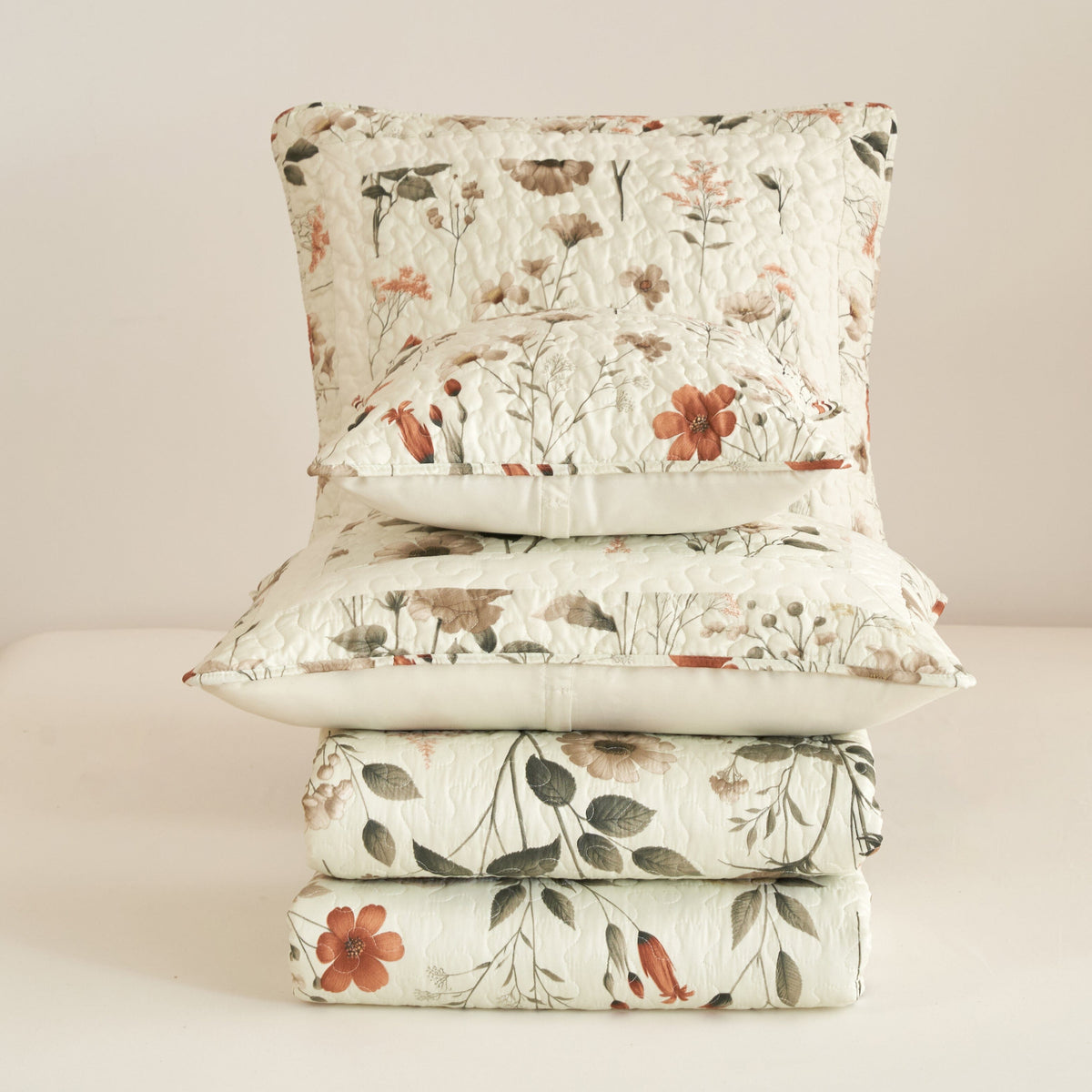Enchanted Meadow Floral Quilt Set - Beige Rose Green