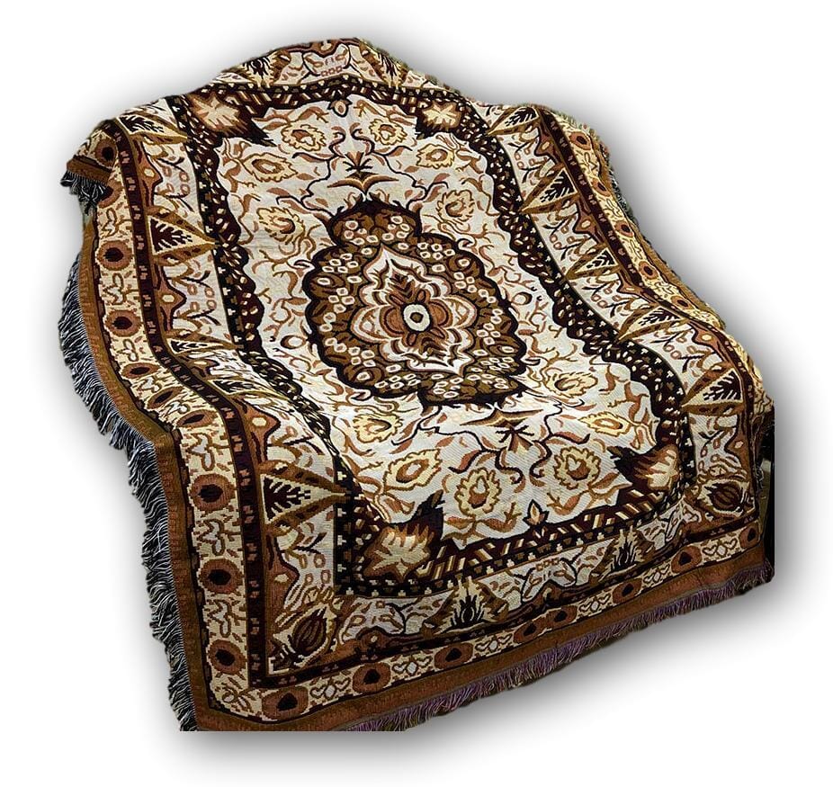 Bedding Elegant Tapestry Throw Blanket, Golden Persian Style Rug Ornate Floral - 50” x 60” (7175)