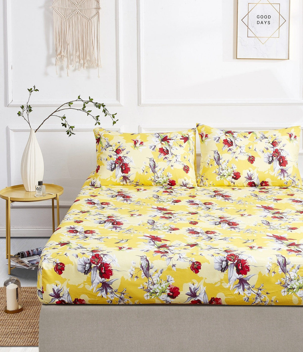 Bedding Sunshine Yellow Hummingbirds Floral Fitted Bed Sheet w/ Pillow Cases (JHW-925)