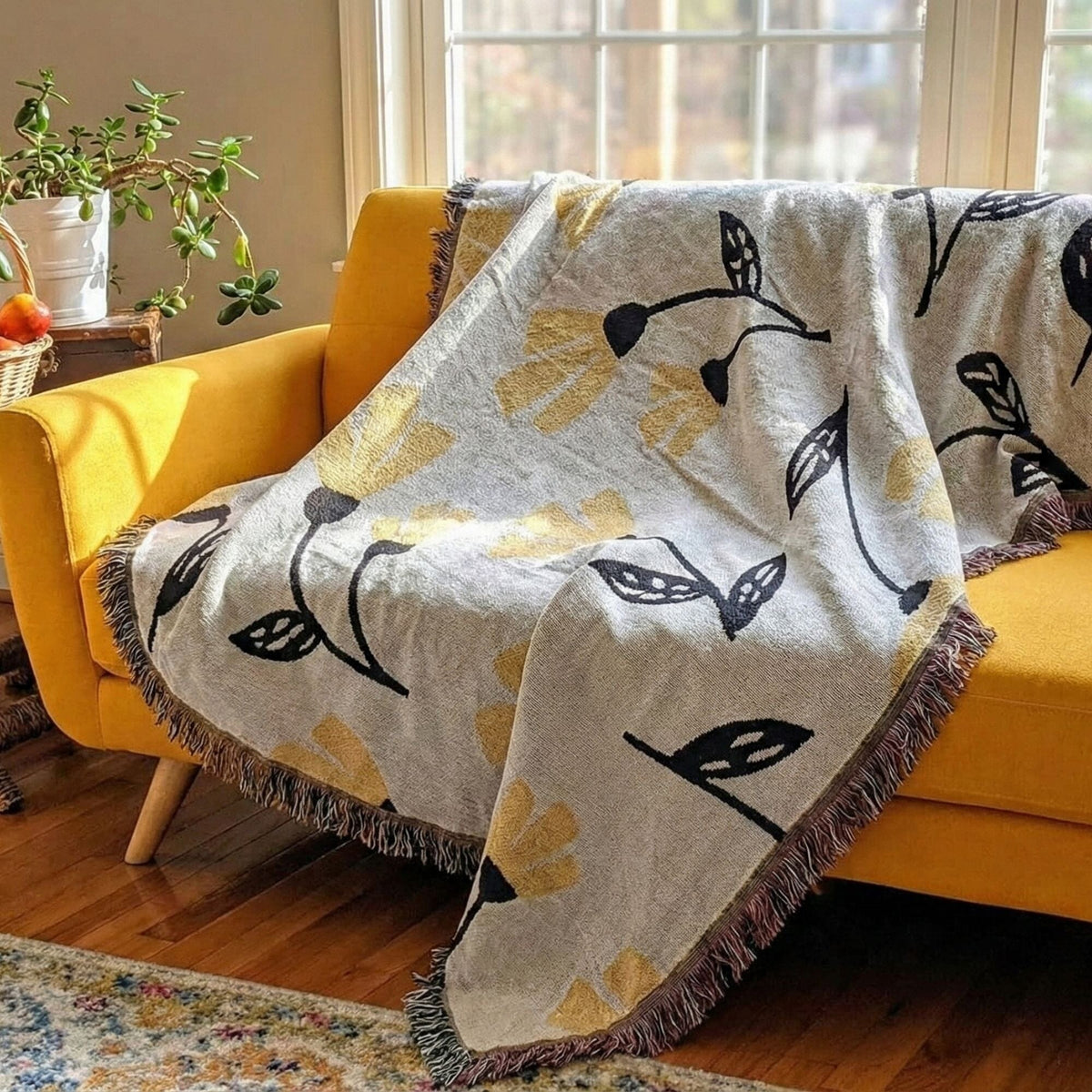 DaDa Bedding Yellow Fleur Botanical Sunshine Golden Floral Woven Tapestry Throw Blanket - 50” x 60” (18112)