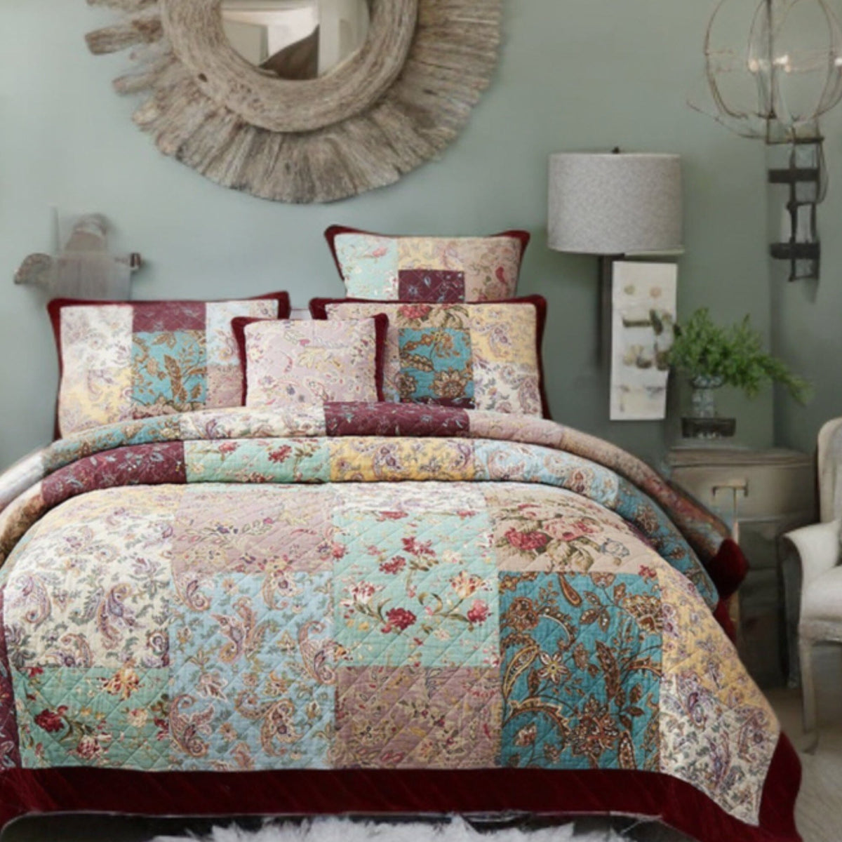 Bedding Burgundy Paisley Patchwork Cotton Quilt Set