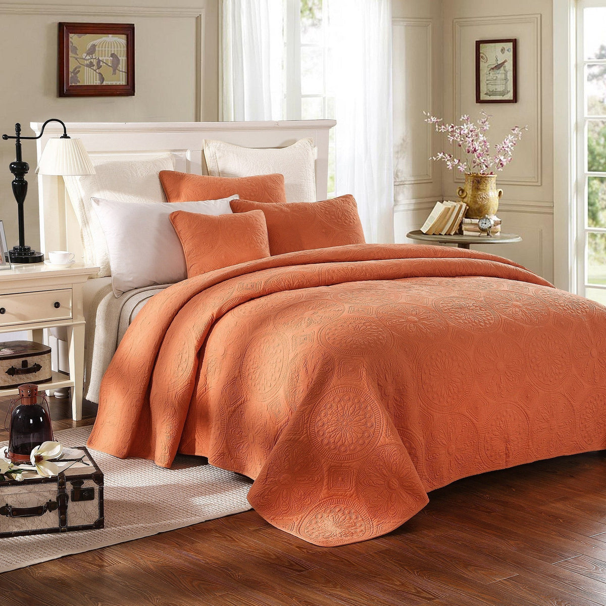 Tache Tuscany Sunrise Medallion Orange Rustic Stone Washed Cotton Quilt Set (JHW-595)