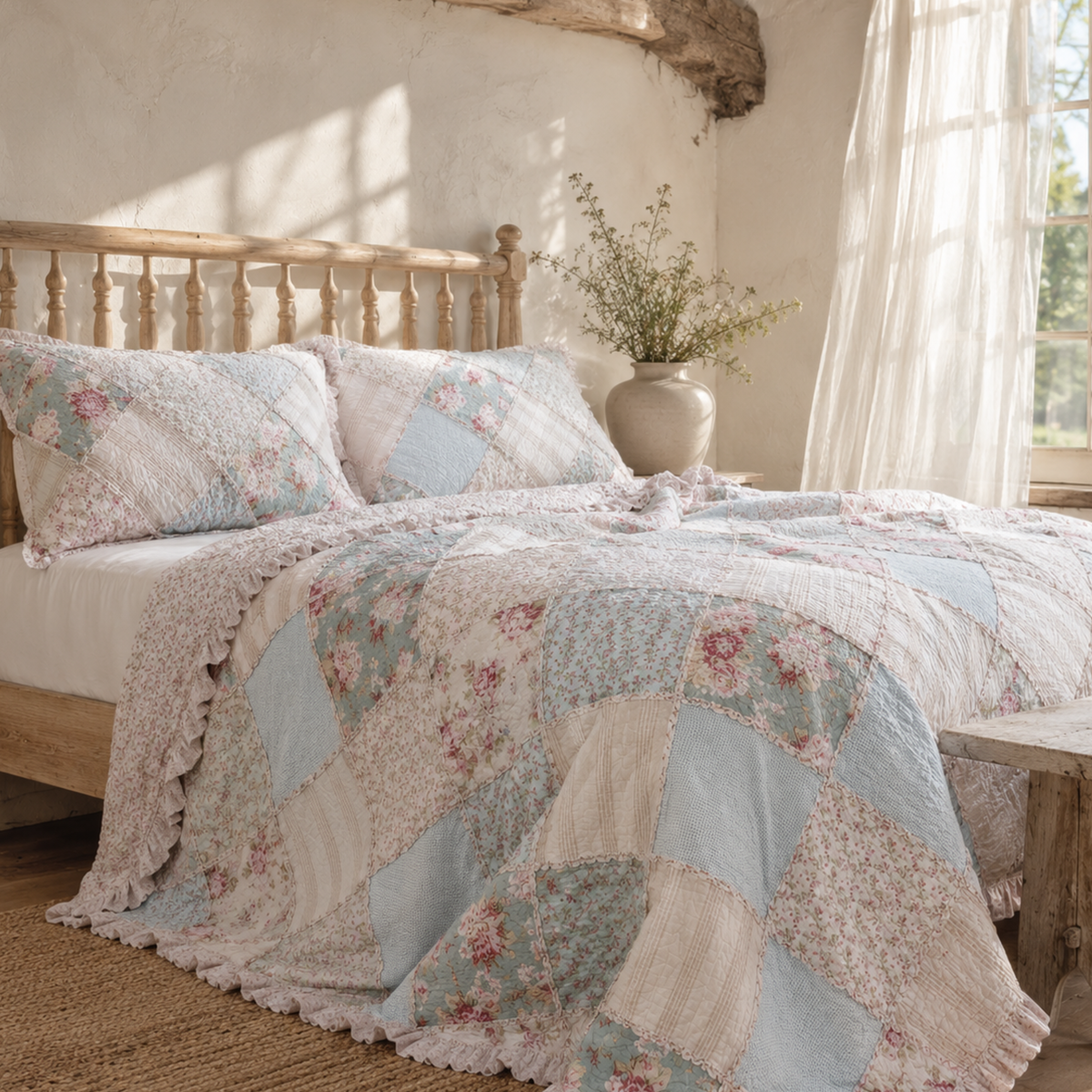 Bedding Hint of Mint Pastel Cotton Patchwork Quilt Set